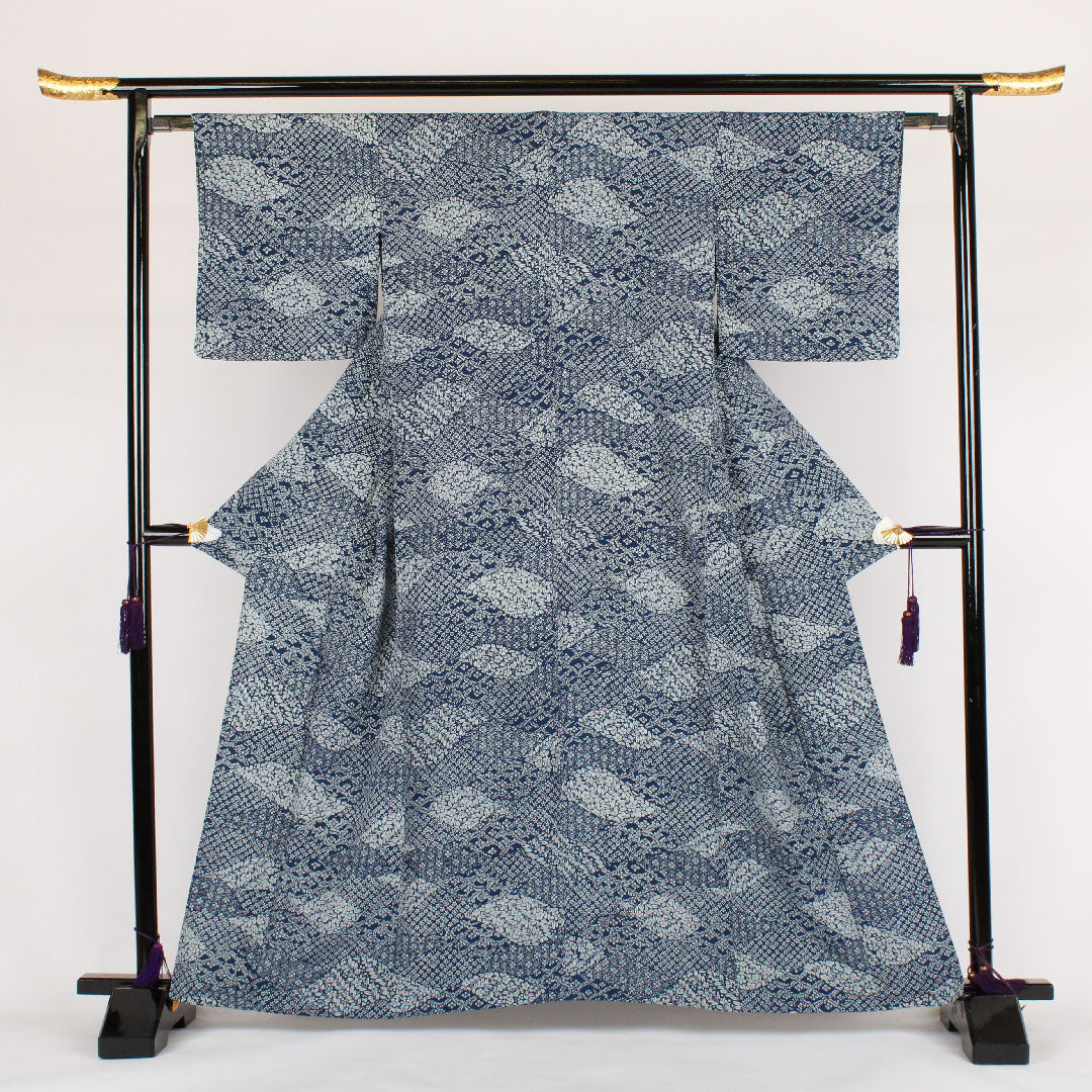 小紋 身丈162.5cm 裄丈64cm 単衣  花柄 正絹 Sランク 紺系 1115000162318