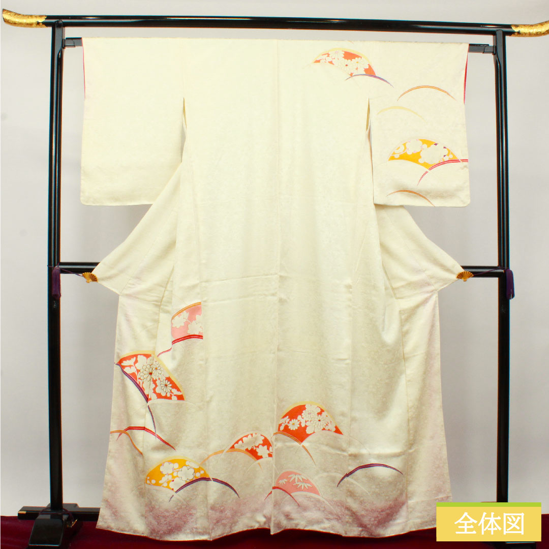 Homongi, pure silk, lined, length 162.5cm, sleeve length 63.5cm, milky white, Kyo-Yuzen, fan surface, floral pattern, basting thread included, unused, S rank, cream color, 1112003412415