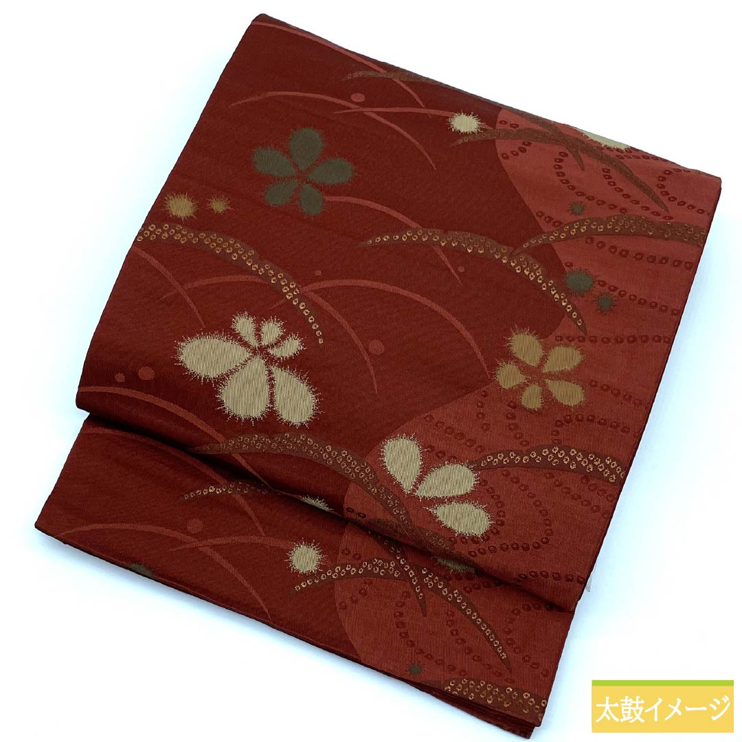 (Kyoto Fukuro Obi) Nagoya Obi, Polyester, Grade A, Copper-Colored (Shakudo-iro), Kyoto Fukuro Obi, Dewgrass, Floral Pattern, Length 364cm, Six-Ply, Casual, Vermilion, 1124010653316, Open-Weave