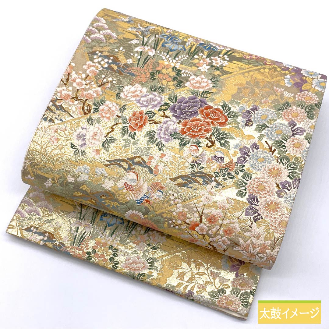 Formal, gold-tone, pure silk obi, A-rank, classic pattern, flower and bird motif for banquets, 436cm long, six-fold obi, suitable for formal wear. Product number: 1123015503321