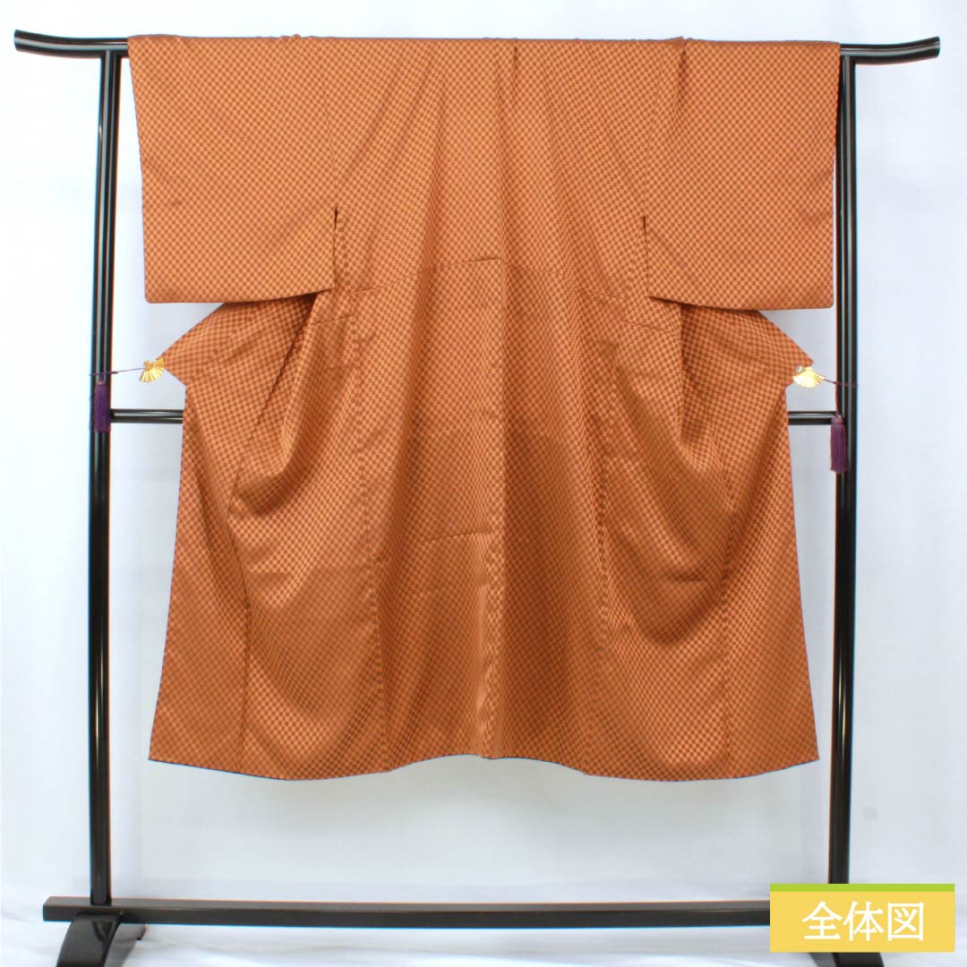 Men's polyester S-rank, length 133.5cm, sleeve length 66.5cm, dark koikuchibairo (dark leaf color), checkered pattern, unlined back, half-collar, lined, orange, 1119001372326