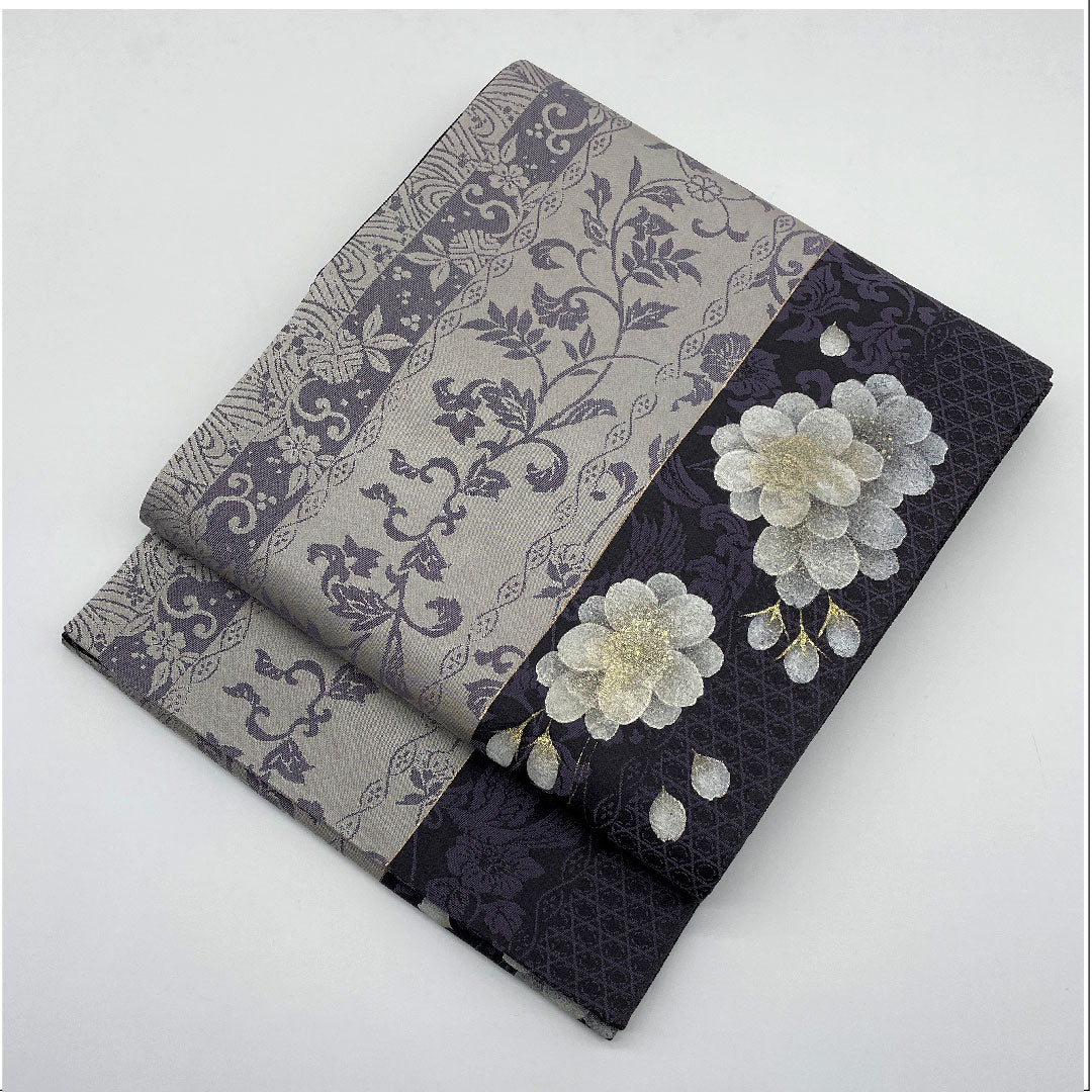 Reversible Fukuro Obi with Sakura Arabesque, Grapes and Phoenix, Length 462cm, Pure Silk, S Rank, Fully Open, Semi-Formal, Gray, 1123004992422