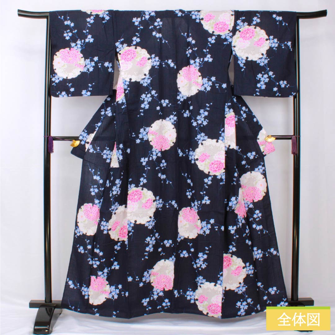 Yukata Cotton Length 161cm Sleeve length 68cm S rank Single layer Navy Deep navy blue Snowflake Flower pattern 1118005492418