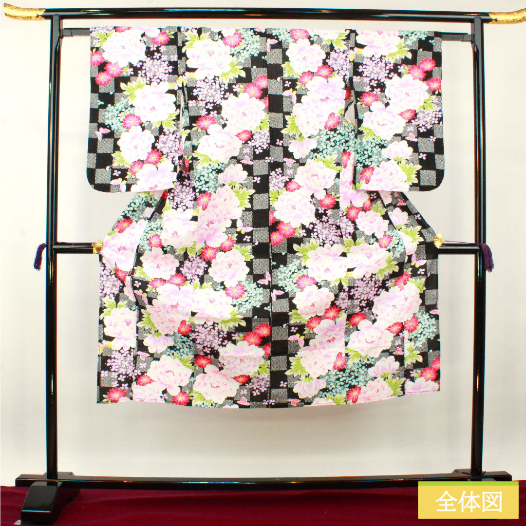 Yukata Cotton Length 138.5cm Sleeve length 61.5cm S rank Single layer Black Peony Hydrangea Butterfly Checkered 1118005122110