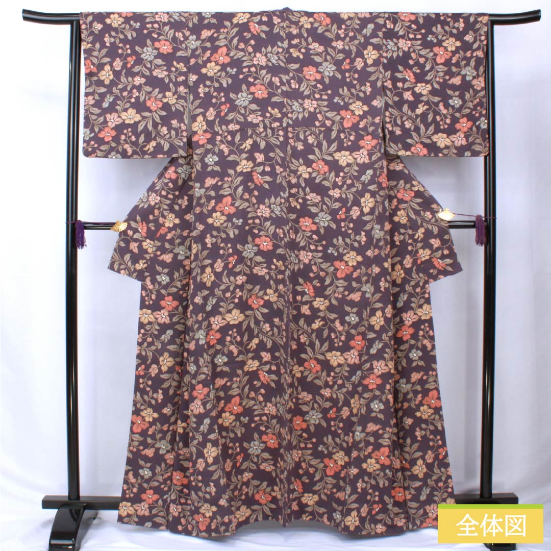 Komon (small pattern) kimono, pure silk, length 162cm, sleeve length 64cm, lined, deep purple (Fukaki Murasaki Iro), Saaya pattern, floral pattern, S rank, purple, 1115005972420