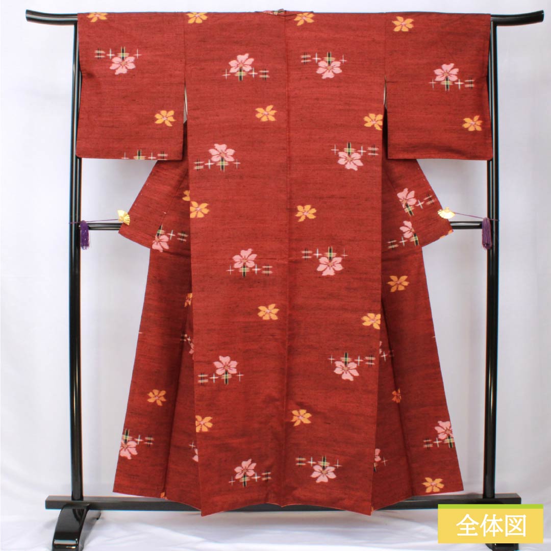Tsumugi silk S rank, length 156cm, sleeve length 65cm, copper-red (shakudo-iro) flower pattern, kasuri, lined, brown, product number 1116003952314