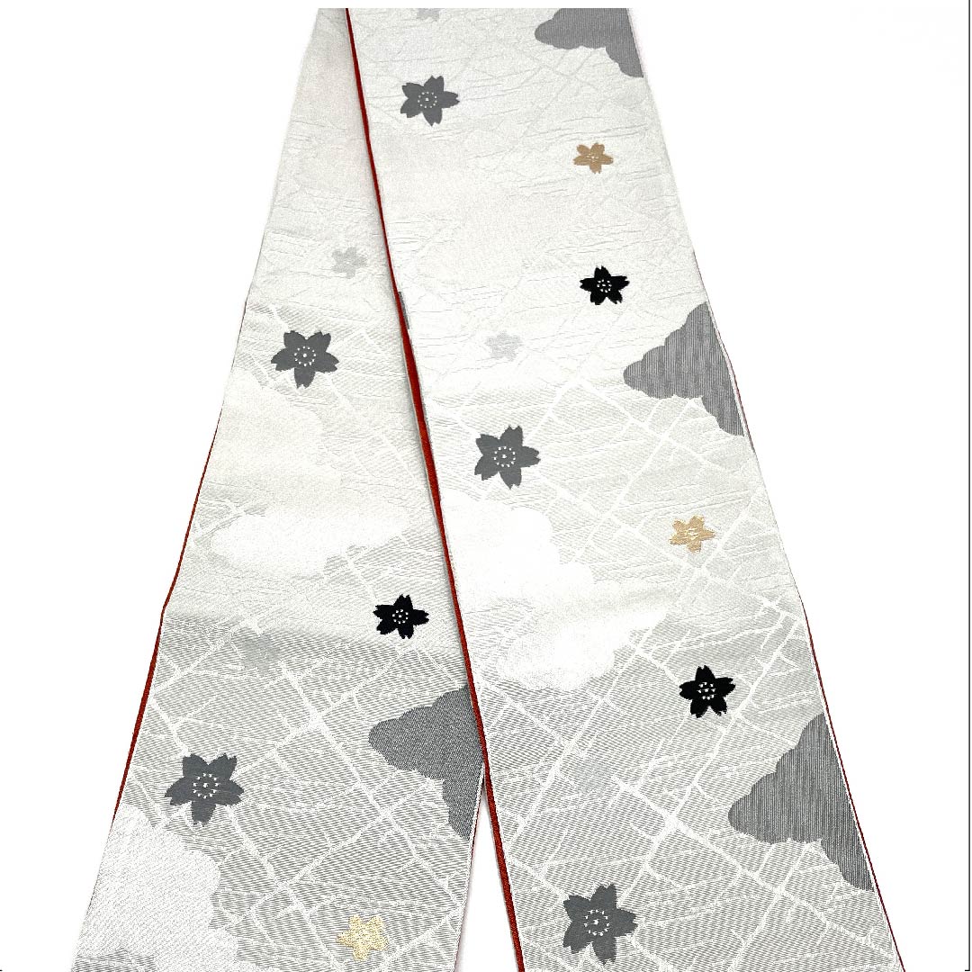 [Unfinished] Reversible obi, polyester, S rank, usuzumi-iro (light gray), clouds, cherry blossoms, classic pattern, floral pattern, monotone, obi length 344cm, gray tones 1125001122322