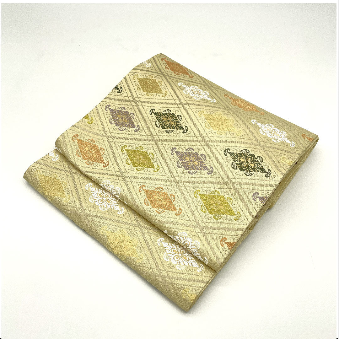 [Unfinished] Silk Fukuro Obi, S Rank, Sand Color, Jomon Nishiki, Shosoin Pattern, Obi Length 442cm, Six Panels, Semi-formal, Cream-colored, 1123004802315