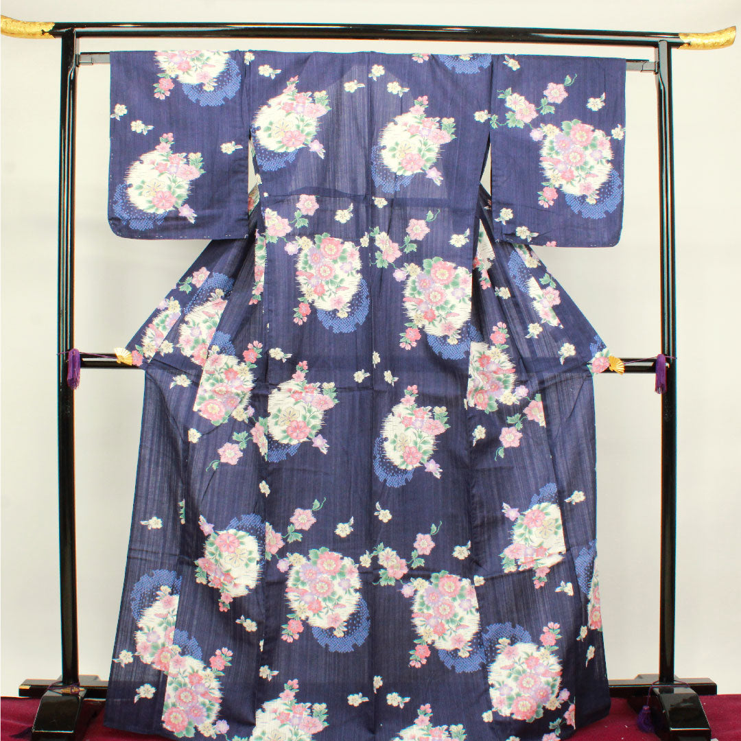Yukata with basting thread, unused, navy blue, snowflake, floral pattern, cotton, S rank, single layer, length 171cm, sleeve length 65.5cm, navy blue, 1118002072618