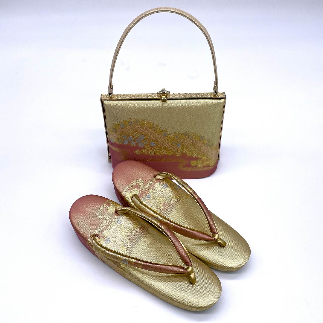 (New old stock) Formal sandal and bag set, gold, unused, cherry blossom, classic pattern, M size, gold, S rank, 1133000162321
