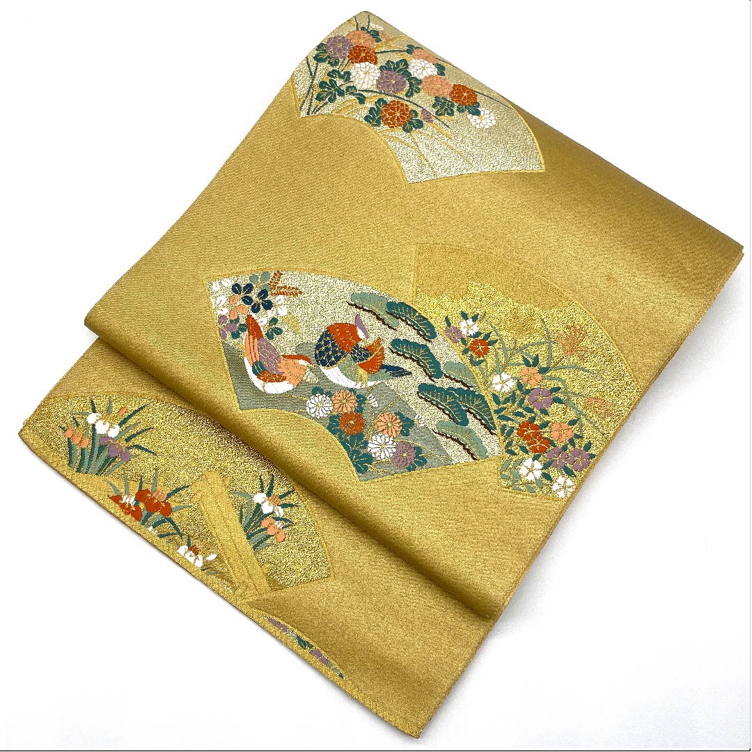 袋帯 麦藁色（むぎわらいろ） 本金摺箔二重織 留袖用 鴛鴦 帯丈432cm 正絹 Aランク 六通 フォーマル 金系 1123004753321