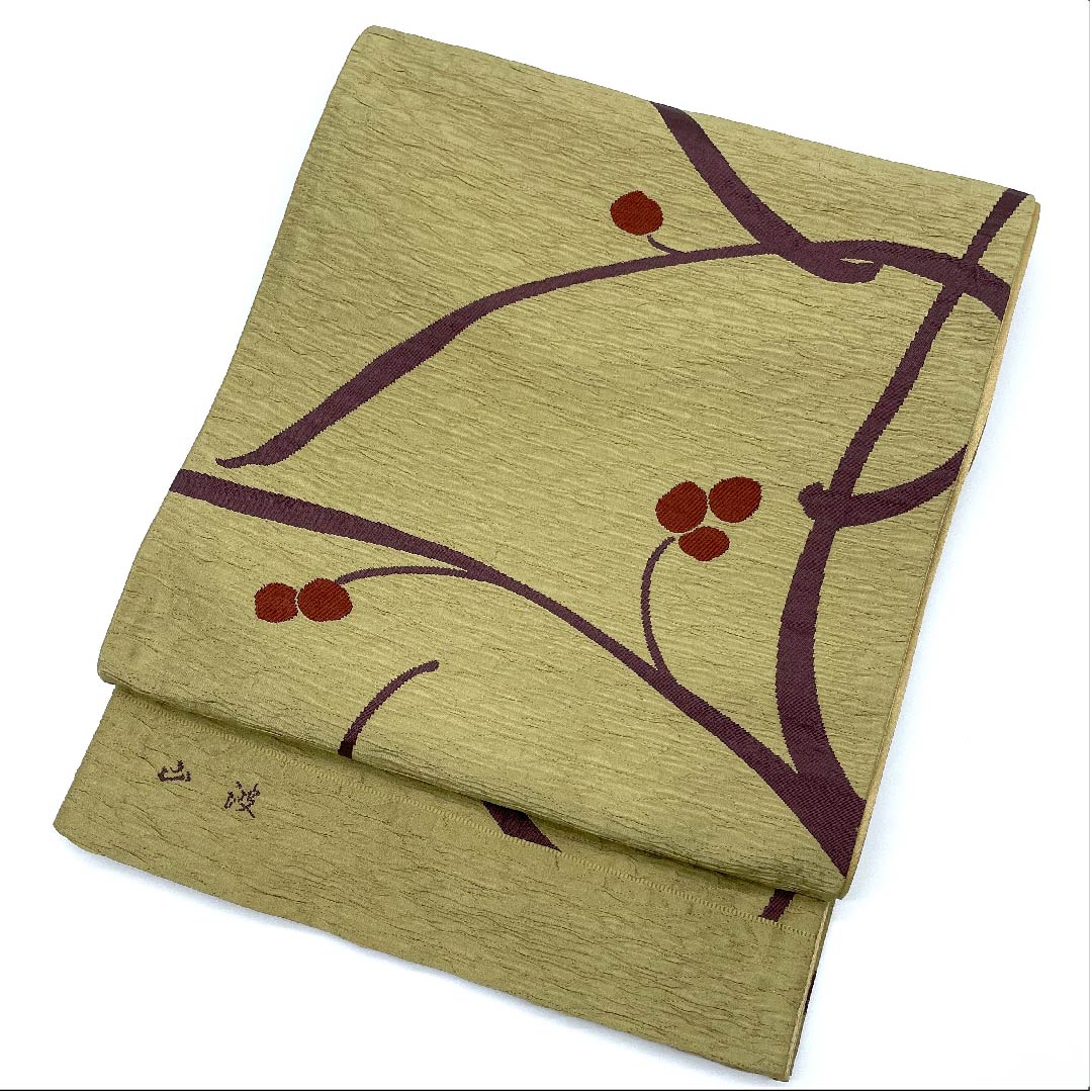 [Unfinished] Fukuro-Obi, Silk, NEW Rank, Kare-iro (brownish yellow), Berries, Abstract Pattern, Obi Length 457cm, Rokutsu, Casual, Beige Tones, 1123008461425