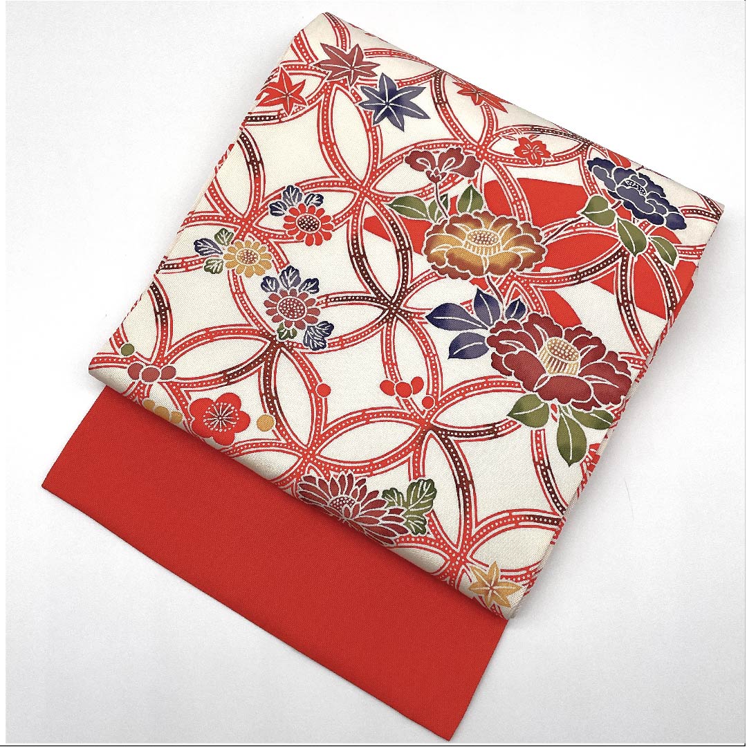 Nagoya obi, scarlet, Shippo Tsunagi, floral pattern, obi length 383cm, pure silk, S rank, point pattern, casual, vermilion, 1124004512316, Nagoya style