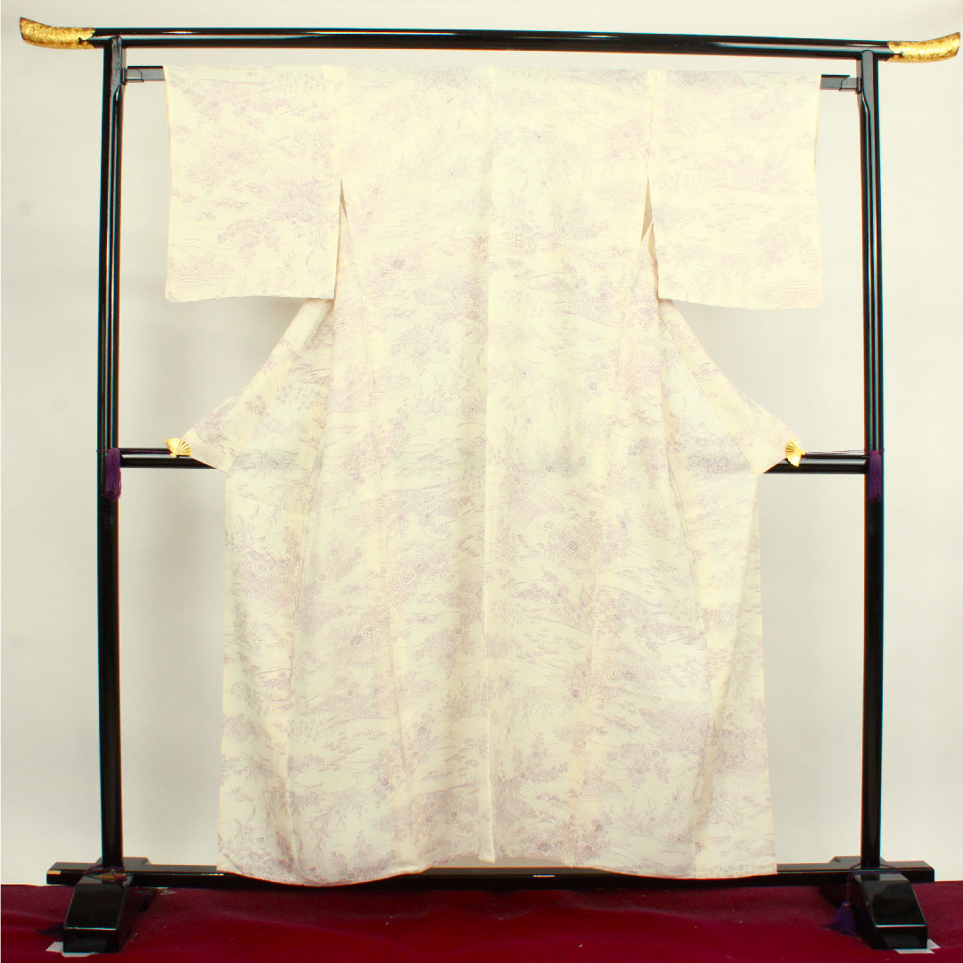 夏物 正絹 小紋 身丈154.5cm 裄丈63.5cm 乳白色（にゅうはくしょく） 松竹梅 菊 流水 絽 Sランク 白系 1132000642211