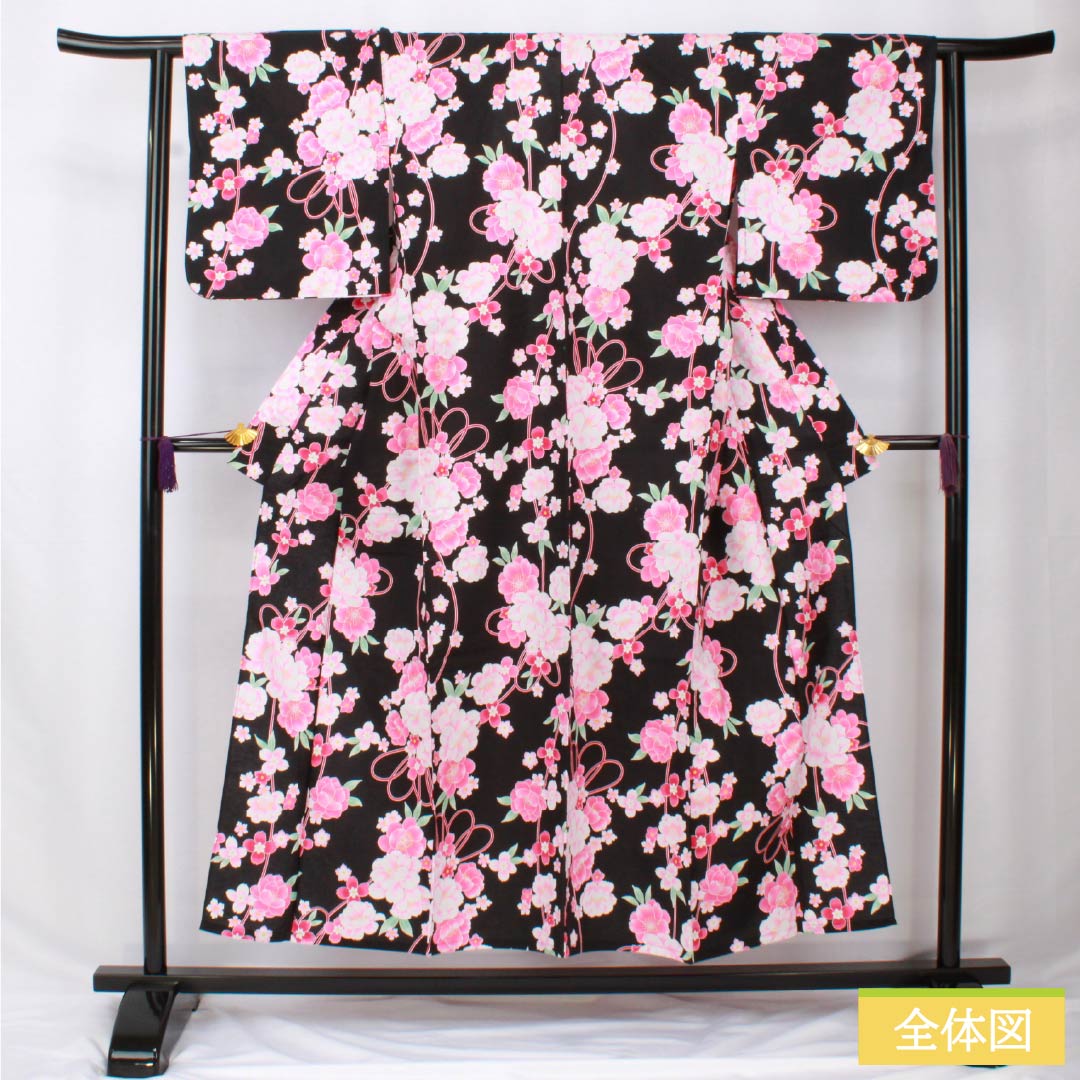 Cotton Yukata, Length 151cm, Sleeve Length 62cm, A Rank, Single Layer, Black, Camellia Pattern, 1118005963210