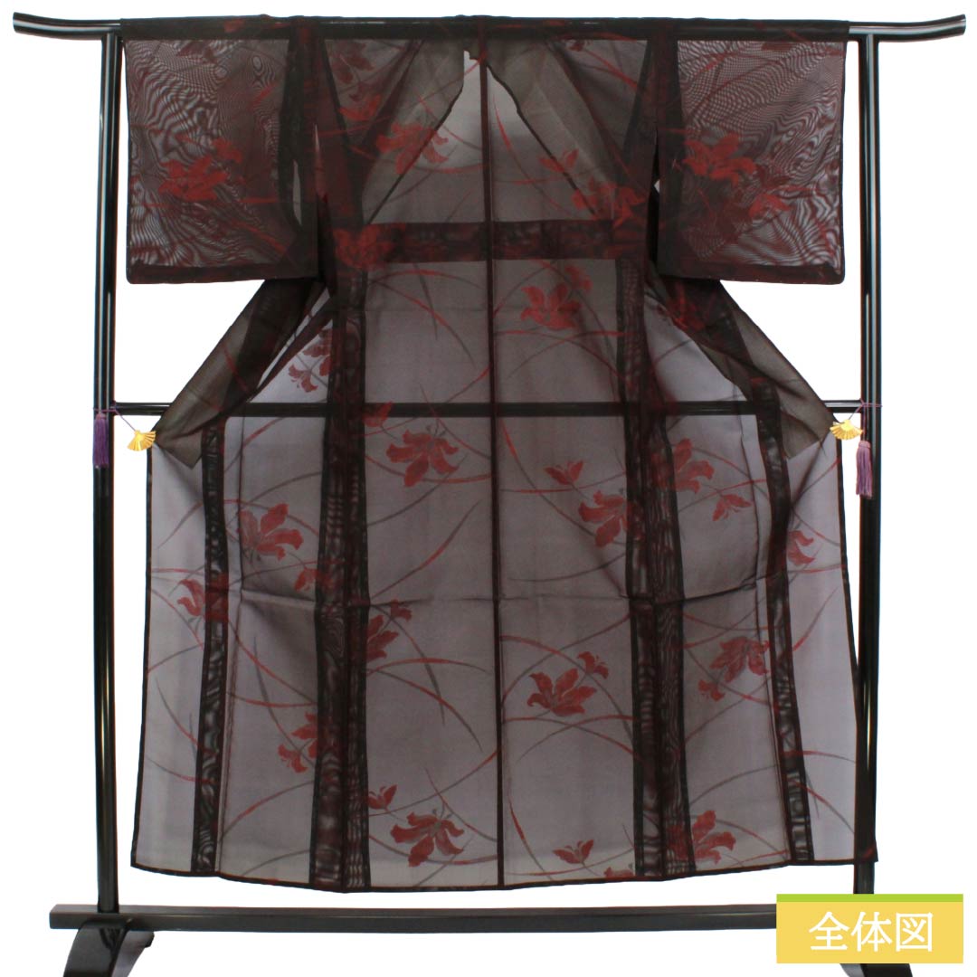 夏物 正絹 お召 Bランク 身丈155.5cm 裄丈62.5cm 暗紅色（あんこうしょく） 露芝 草花模様 紗 赤系 1132004264312