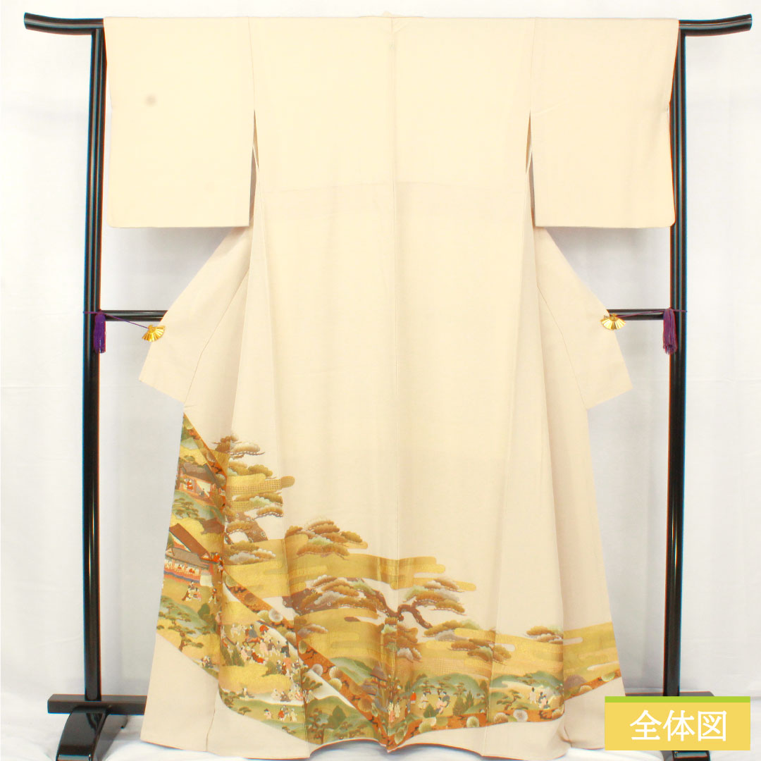 Colored Tomesode, pure silk, length 163cm, sleeve length 64cm, lined, white neri-iro (white paste color), Kyoto Yuzen embroidery, historical figures and landscape pattern, one crest, three oak leaves, pearl tone finish, A rank, beige, 1111001493425
