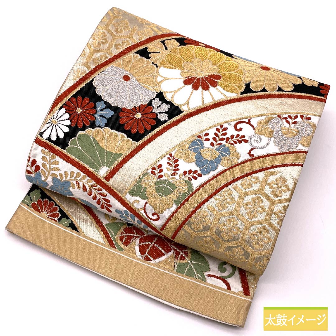 （未仕立）袋帯 正絹 Aランク 亀甲 振袖用 吉祥文様 桐  帯丈420cm 六通 フォーマル 金系 1123014203321