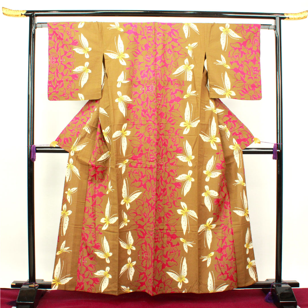 Yukata Kyara color butterfly rose cotton A rank single layer length 160.5cm sleeve length 64.5cm brown 1118001743414