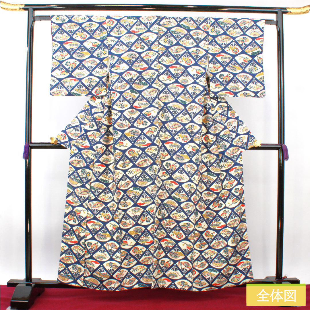 Komon, pure silk, length 159cm, sleeve length 62.5cm, lined, dark blue, stencil dyeing, auspicious motif, pongee fabric, A rank, navy blue, 1115004073318