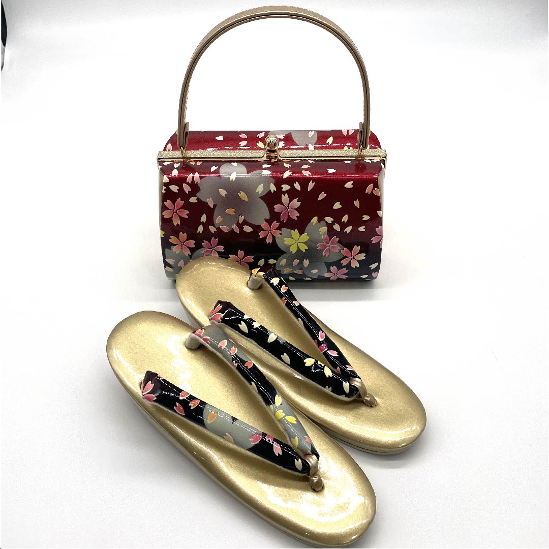 (New old stock) Formal sandal and bag set, black, unused, for furisode, small cherry blossom, size L, black, rank S, 1133000052410