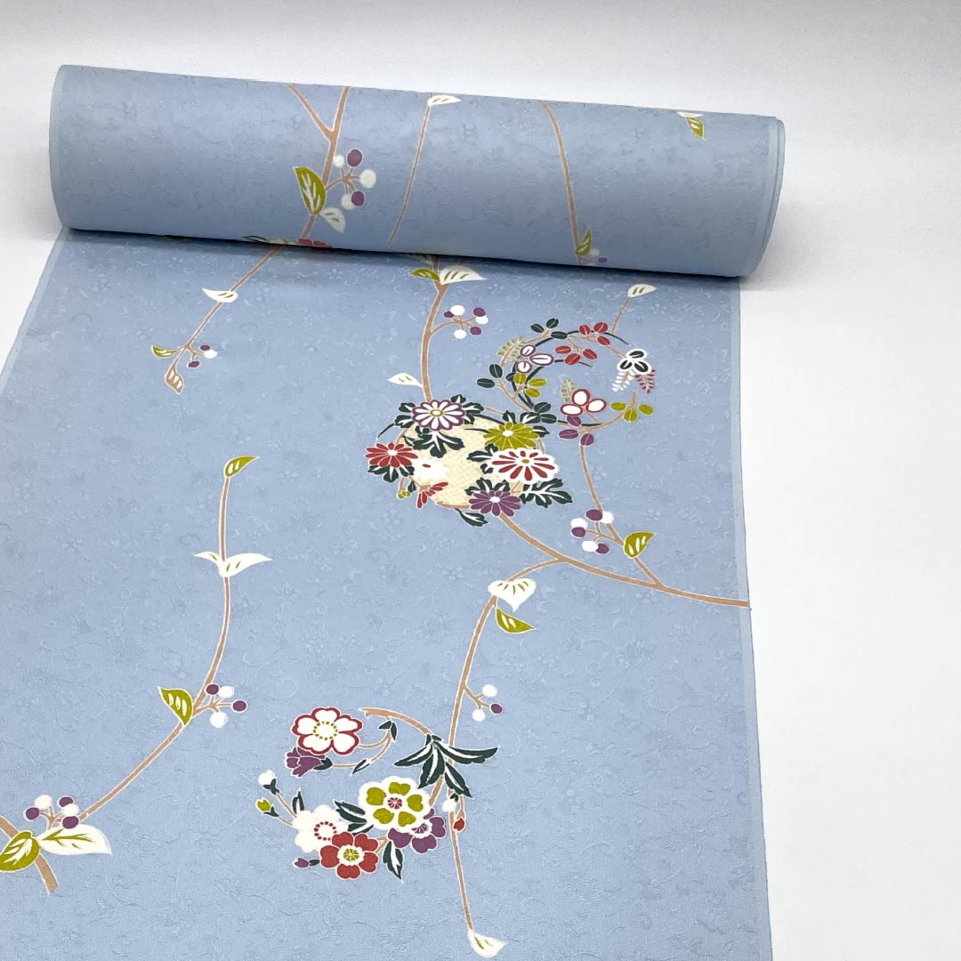 Fabric, Komon, Pure Silk, Pale White, Kyoto Yuzen, Floral Pattern, 13.5cm Wide, New Rank, Light Blue, 1130001051924