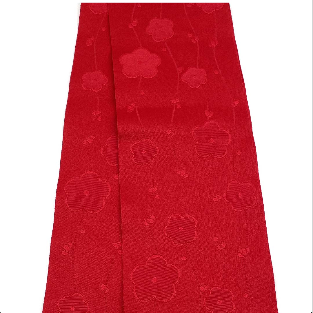 半幅帯 ポリエステル 紅赤色（べにあかいろ） 花柄 小梅 古典柄 帯丈348cm 赤系 Aランク 1125000943312