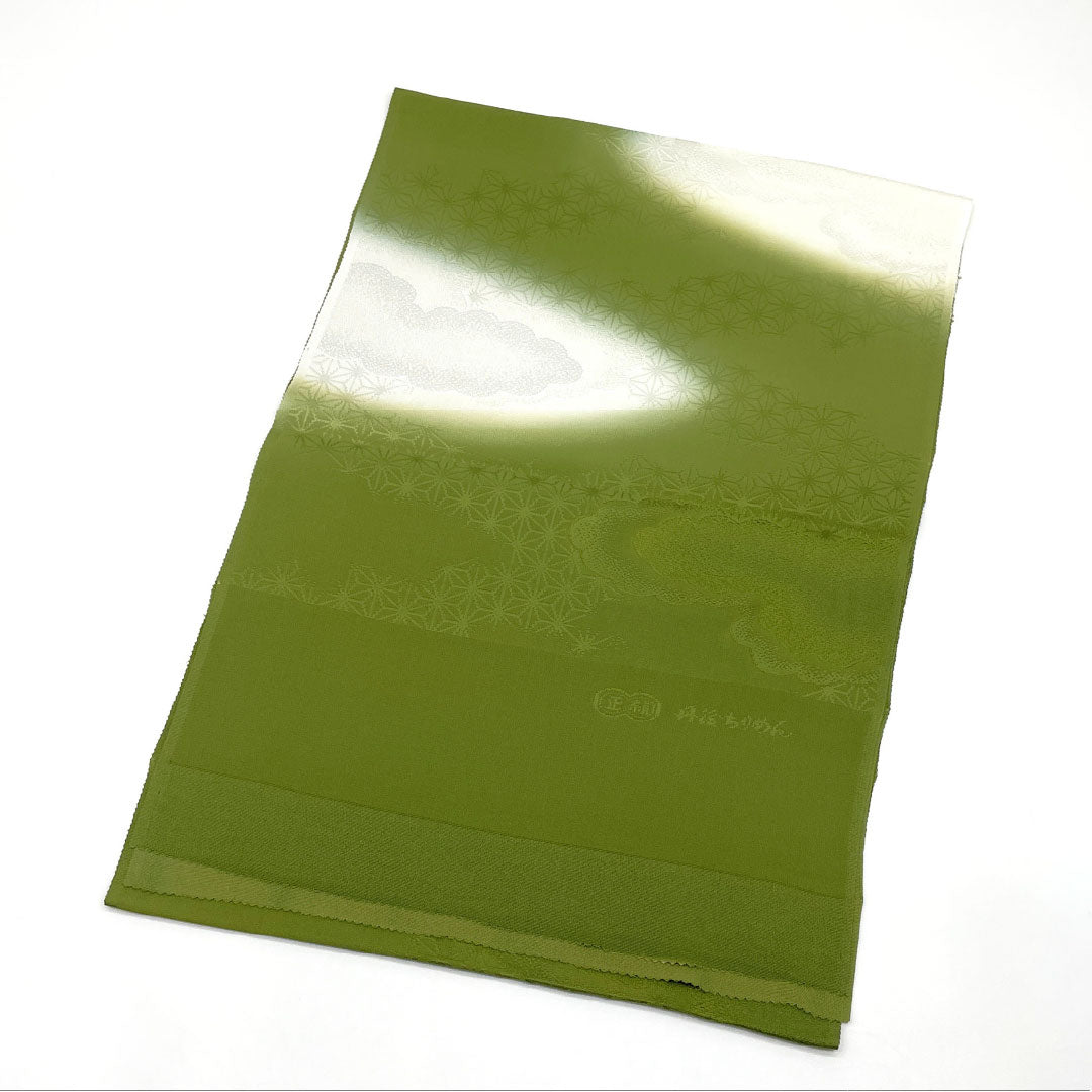 (Like New) Semi-Formal Silk Obiage (Sash) in Willow and Bamboo Color (Yanagi Susu Takeiro) with a Classic Hemp Leaf and Cloud Pattern, Approximately 180cm Long, 32cm Wide, Green, Product Number: 1136001461919