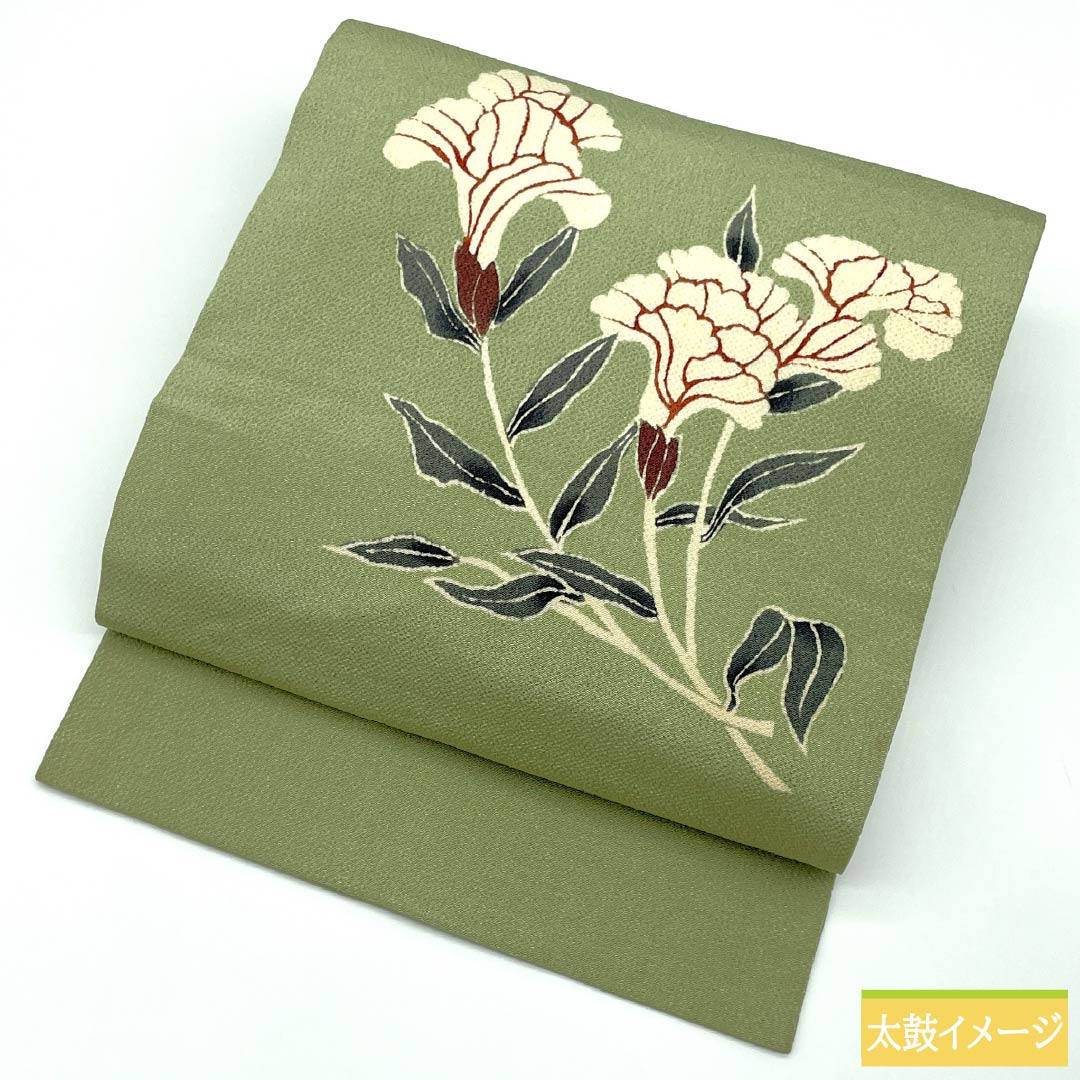 Nagoya Obi, Pure Silk, Grade A, Light Indigo (Asakiaiiro), Stencil-Dyed Chirimen Fabric, Floral Pattern, Length 358cm, Pointed Pattern, Casual, Green, Product Number 1124009103319, Nagoya Style
