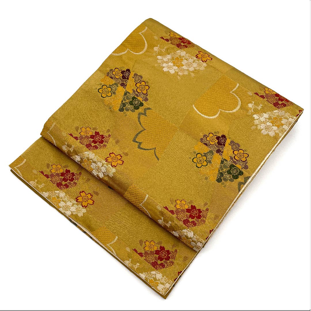 Nagoya obi, Kyobukuro obi, Umedani astringent color, cherry blossom, plum, checkered pattern, obi length 392cm, poly, A rank, full length, semi-formal, yellow, 1124003353323, open style