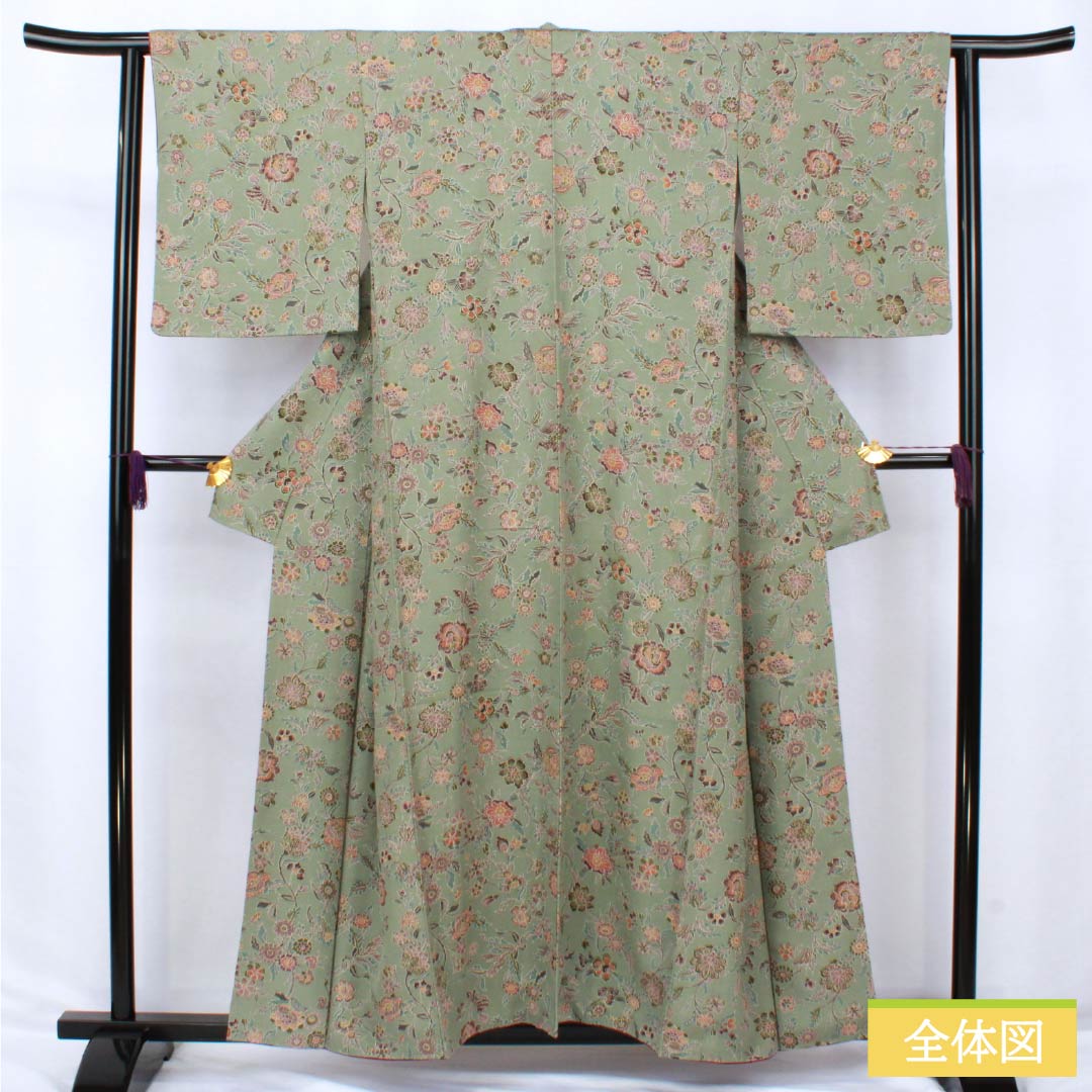 Komon (small pattern) silk, S rank, length 156.5cm, sleeve length 63cm, lined, Rikyu gray (Rikyu mouse color), chintz, green, 1115007162319