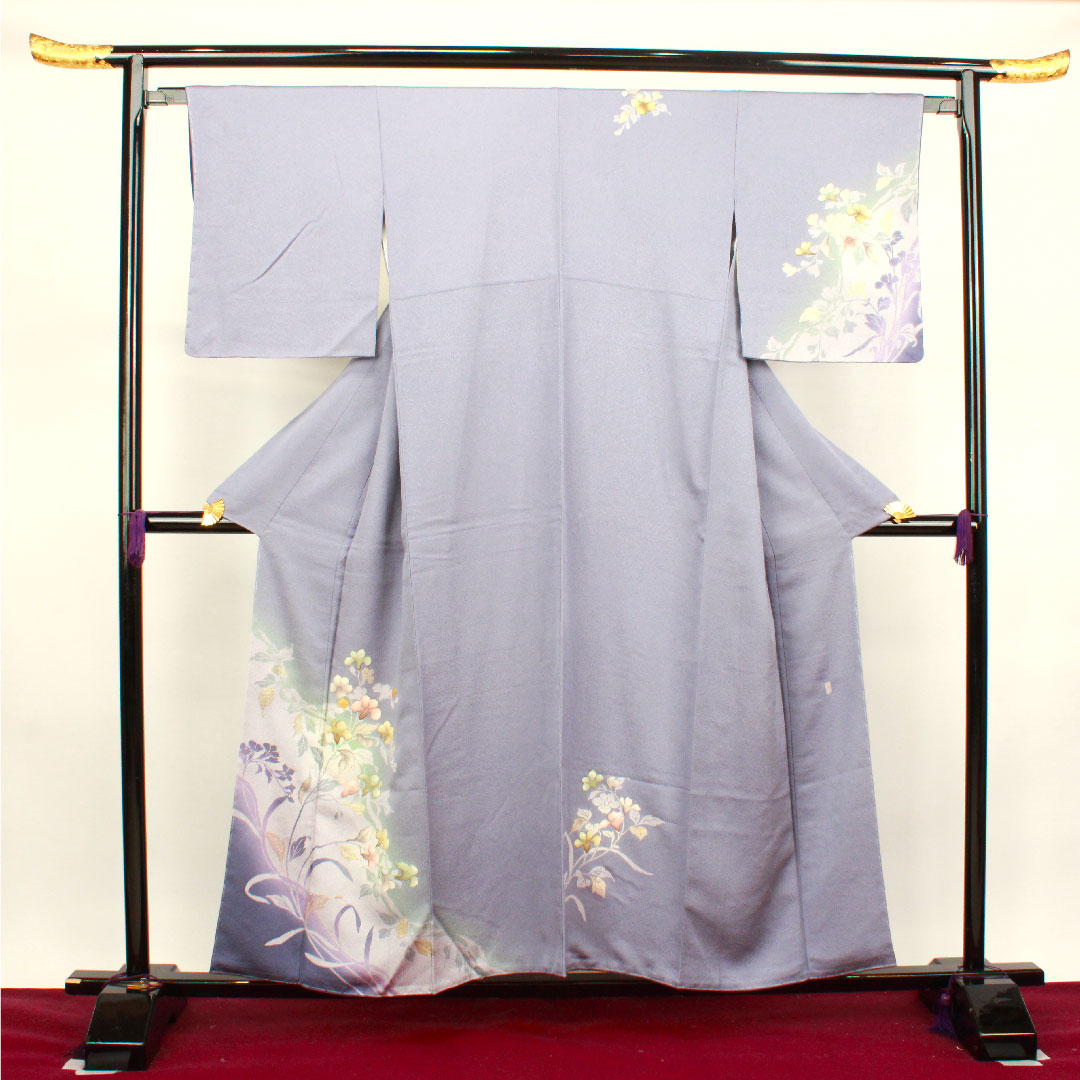 Homongi, lined, length 156cm, sleeve length 64cm, with basting thread, unused, sousui gray, Kyo-Yuzen, artist's work, floral pattern, pure silk, S rank, gray 1112002582322