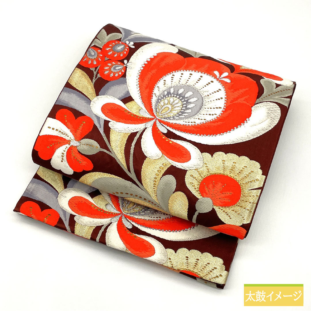 袋帯 正絹 Aランク 褐色色（かっしょくいろ） 西陣織 抽象花 帯丈428cm 六通 セミフォーマル 茶系 1123016163314