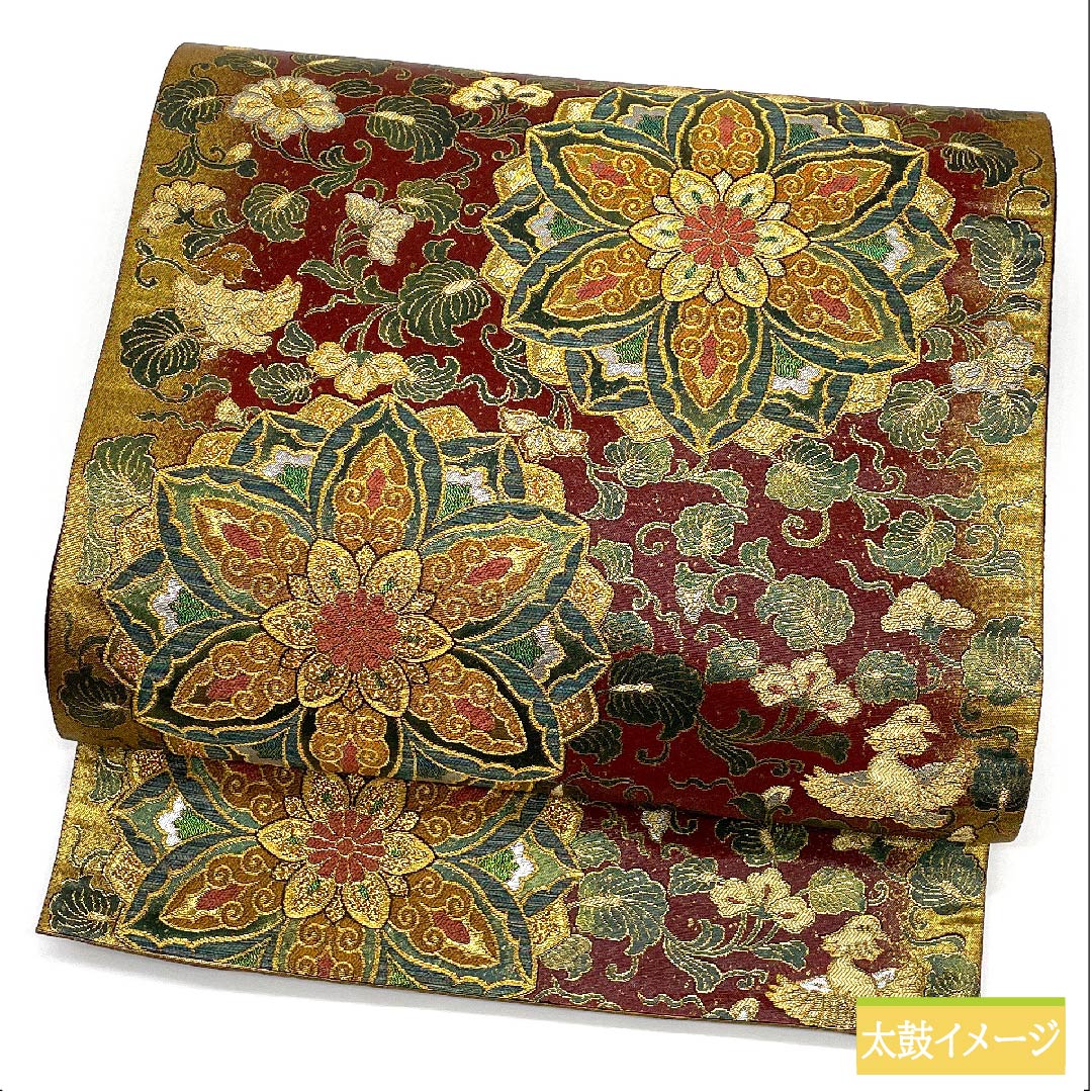 Fukuro Obi (Sash) Pure Silk Azuki Brown (Azuki Brown) Hosohana Golden Lapis Mirror Phoenix Flower Arabesque Obi Length 442cm A Rank Six-way Formal Vermilion 1123011863316