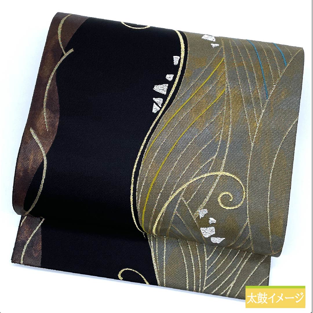 Fukuro Obi, Pure Silk, Black, Dyed with Wave Pattern, Length 436cm, S Rank, Six-way, Semi-formal, Black, 1123011472310