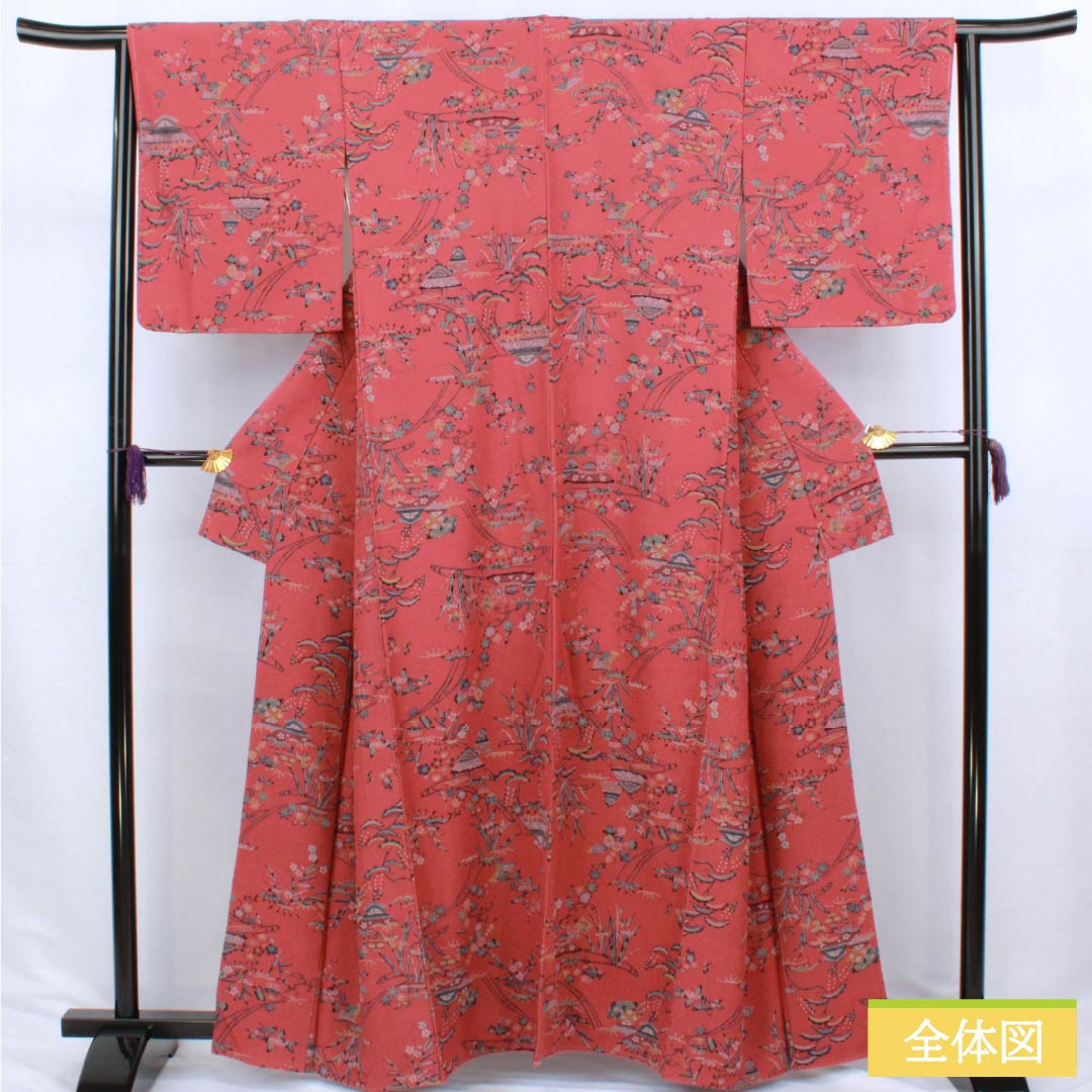 小紋 正絹 Aランク 身丈162cm 裄丈64cm 袷 祭紅色（さいこういろ） 茶屋辻 松竹梅 型染 赤系 1115006883412