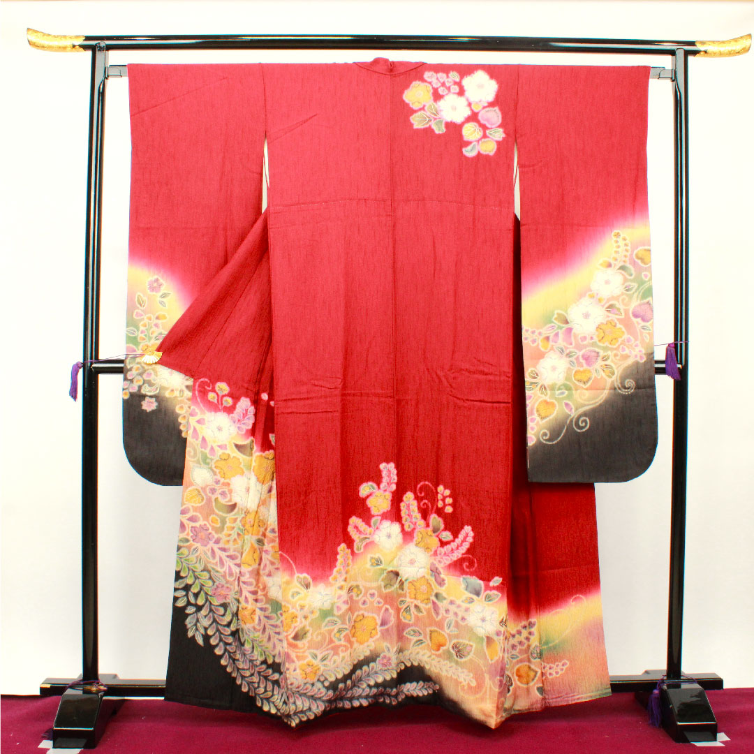 振袖 身丈160.5cm 裄丈63.5cm 袷  海老色 辻ヶ花  正絹 Aランク 赤系 1113001443412