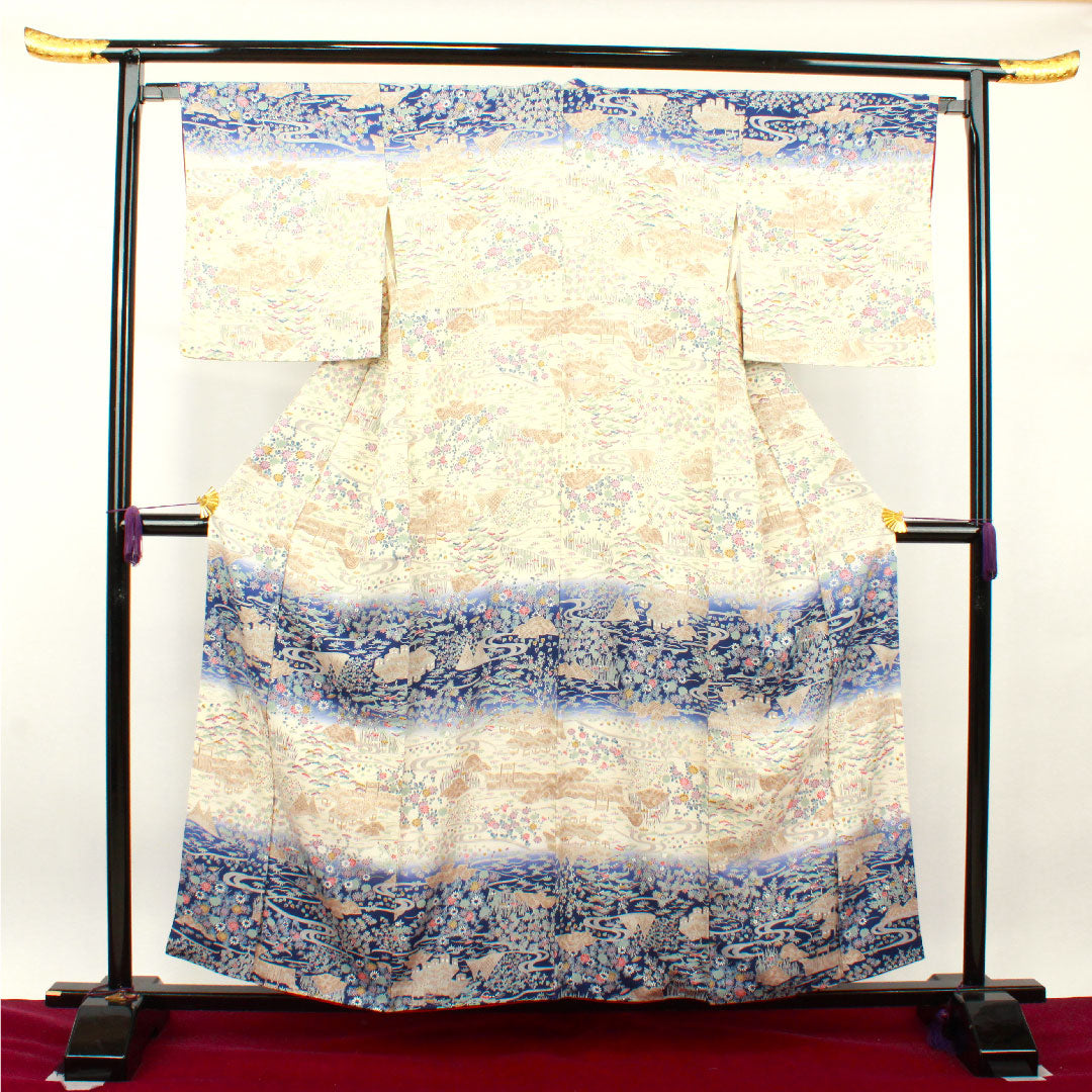 Homongi, pure silk, lined, length 158.5cm, sleeve length 65cm, milky white, Kyo-Yuzen, Chayatsuji, S rank, cream color, 1112002972315