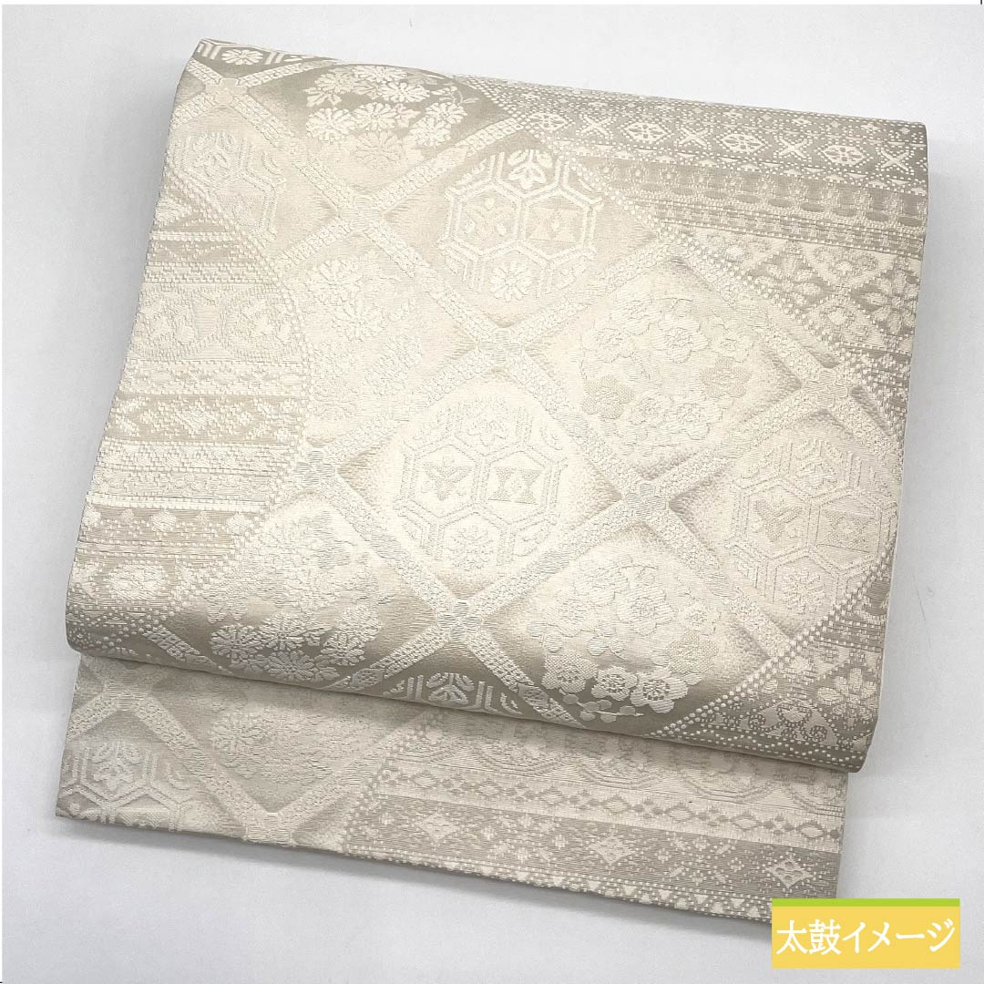 Fukuro Obi, pure silk, chalk color, flower circle pattern, diamond pattern, obi length 460cm, A rank, full length, semi-formal, white, 1123012213411