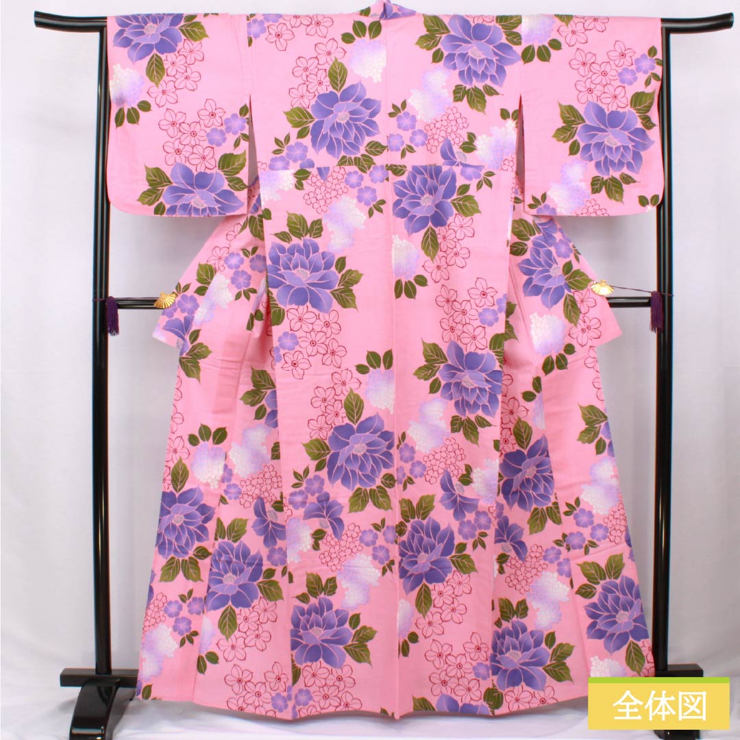 Cotton Yukata, Length 163cm, Sleeve Length 65cm, S Rank, Single Layer, Pink, Medium Crimson Flower Color, Flower Design, 1118006572413