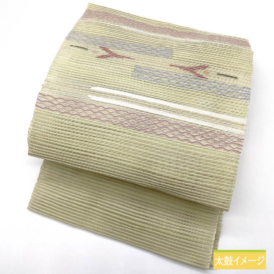 Nagoya Obi, Sulfur-Colored (Iouiro), Summer Obi, Comb Weave, Abstract Pattern, 365cm Long, Pure Silk, S-Rank, Pointed Pattern, Casual, Green, Pine Needle Style, Product Number: 1124008642319