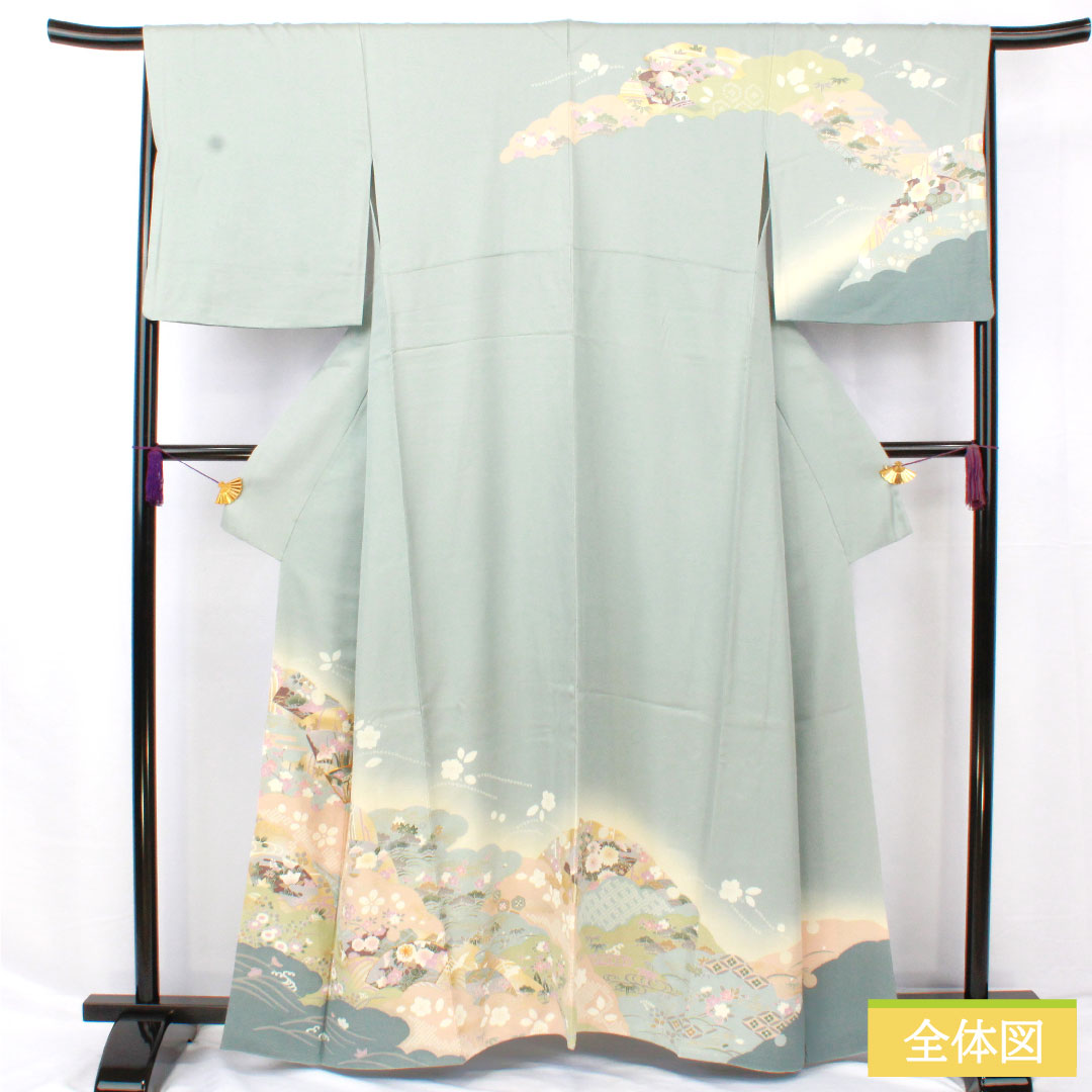 訪問着 正絹 袷 身丈161cm 裄丈66.5cm 青白磁色（せいはくじいろ） 京友禅 吉祥文様 Sランク 水色系 1112005792424