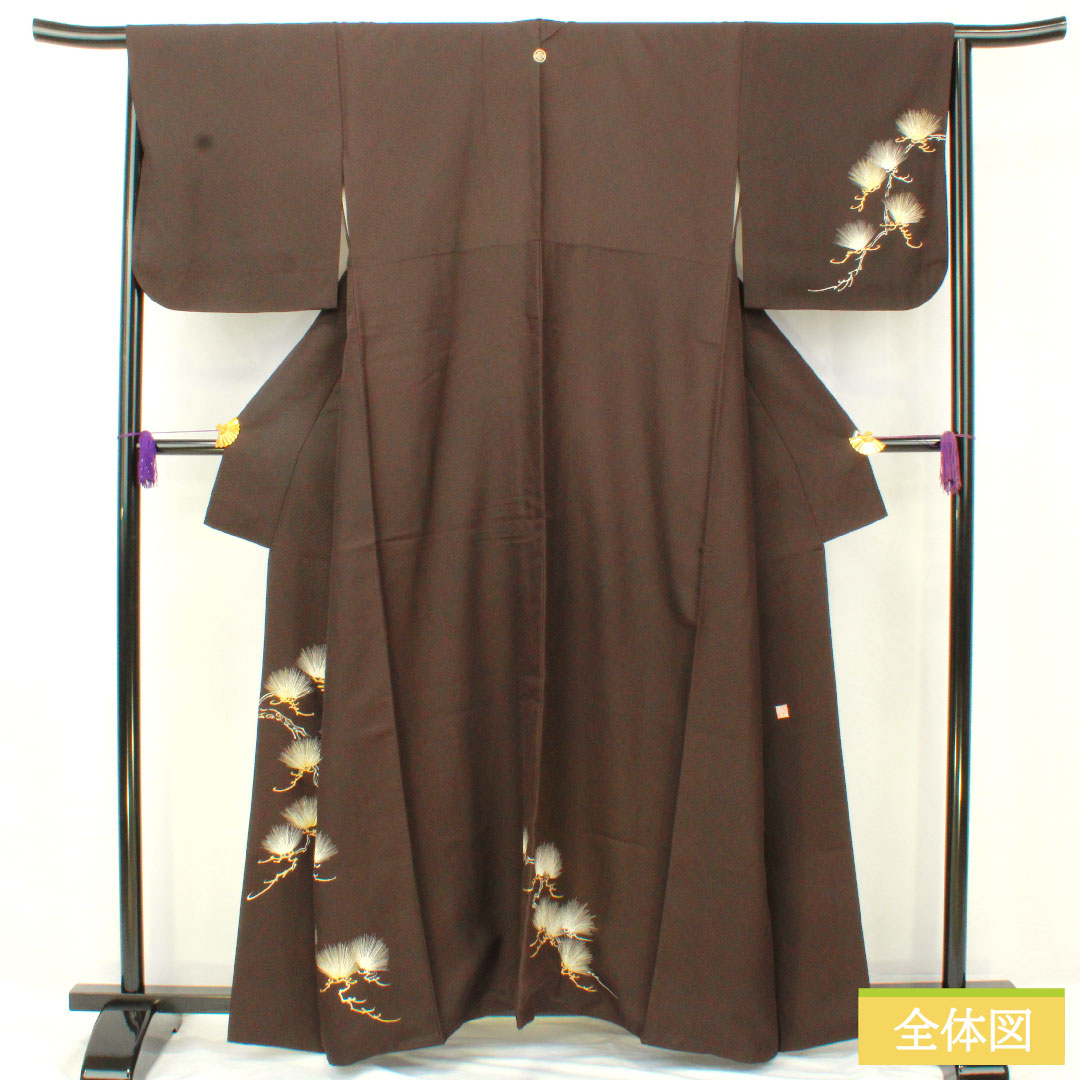 訪問着 正絹 袷 身丈161cm 裄丈65.5cm 茶黒色（ちゃぐろいろ） 京友禅 松 一つ紋 丸に木瓜 Aランク 茶系 1112005033414