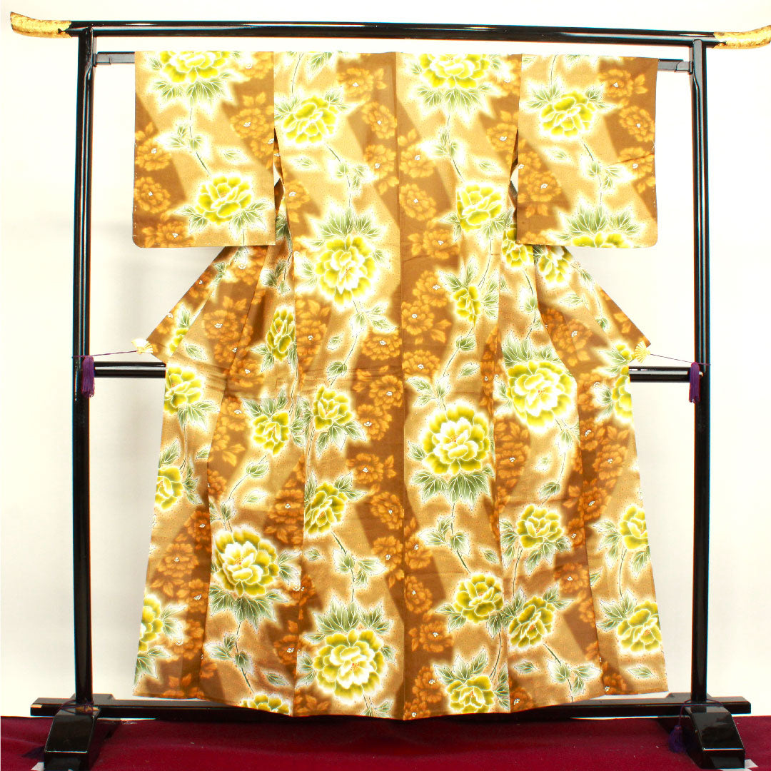 Yukata with basting thread, unused, chestnut color, peony, cotton, S rank, single layer, length 158.5cm, sleeve length 63.5cm, brown, 1118002702314