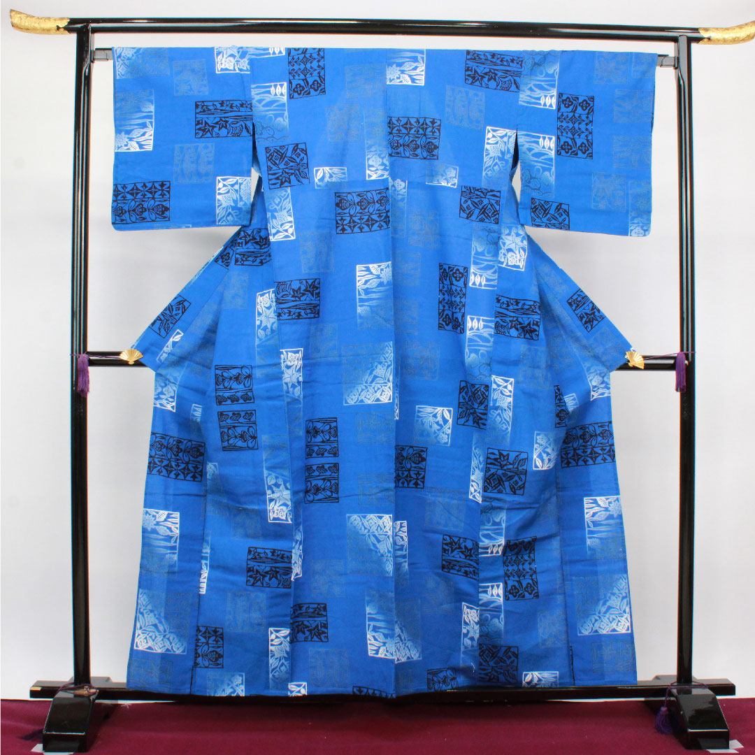Yukata, blue, abstract pattern, cotton, S rank, single layer, length 159cm, sleeve length 66.5cm, blue, 1118002422317