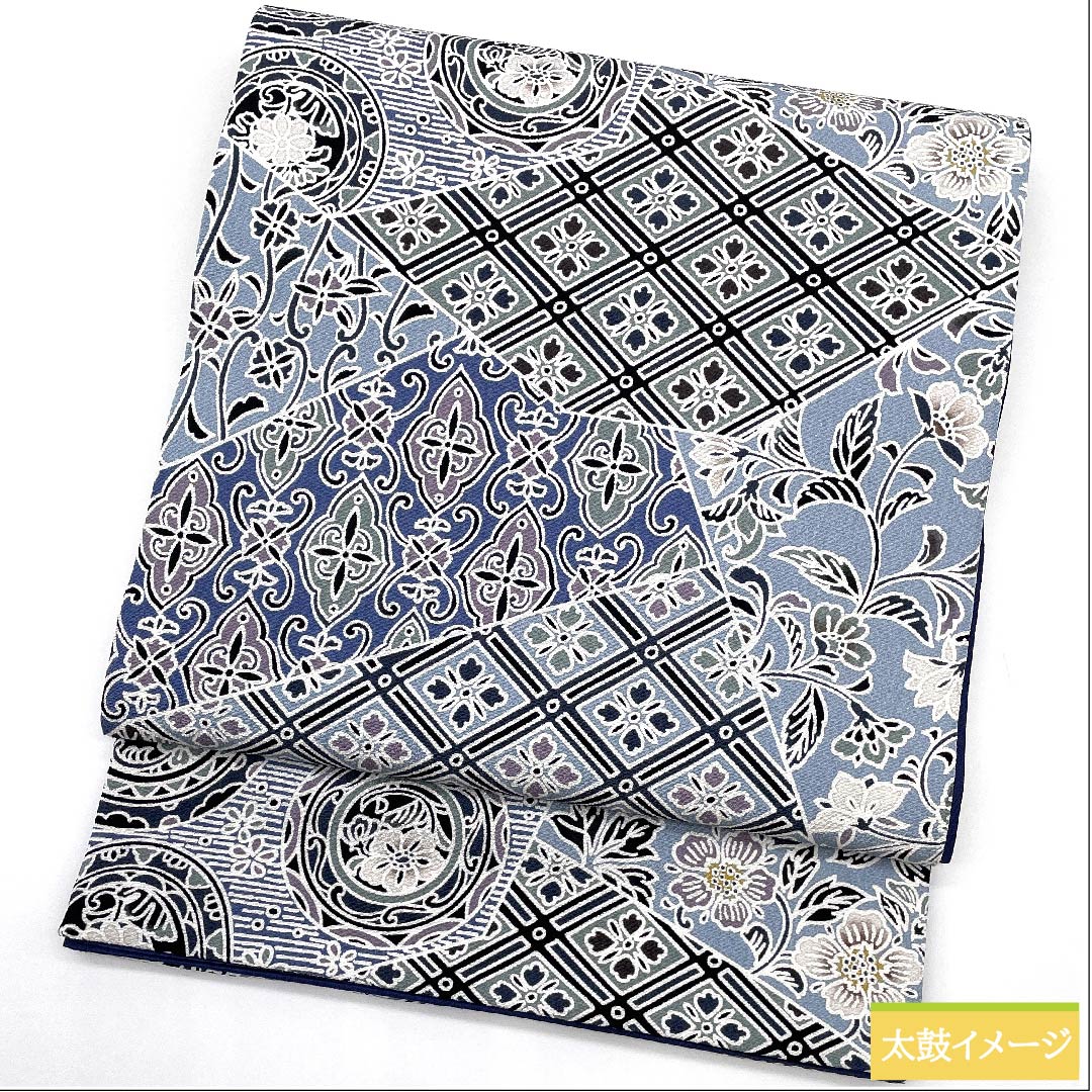 Fukuro Obi (light indigo blue) with a floral pattern and a cut-inlay look, obi length 453cm, pure silk, S rank, full length, casual, light blue, 1123009632424