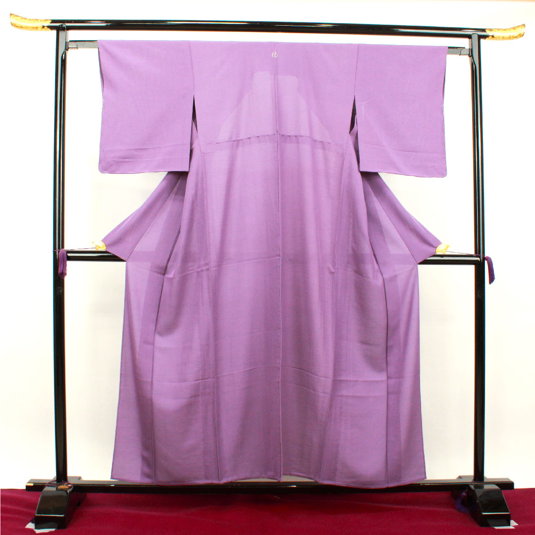 Summer item, pure silk, plain color, length 156.5cm, sleeve length 62cm, aoi-iro (blue color), plain color, left three-leaf kimono pattern, with basting thread, silk, S rank, purple, 1132001712320