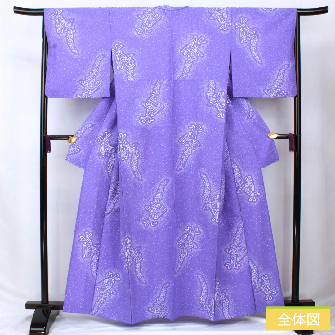 Komon (small pattern) kimono, polyester, length 161.5cm, sleeve length 65.5cm, single layer, iris-colored (kakitsubatairo) with wisteria pattern, washable, S rank, purple, product number 1115006042420