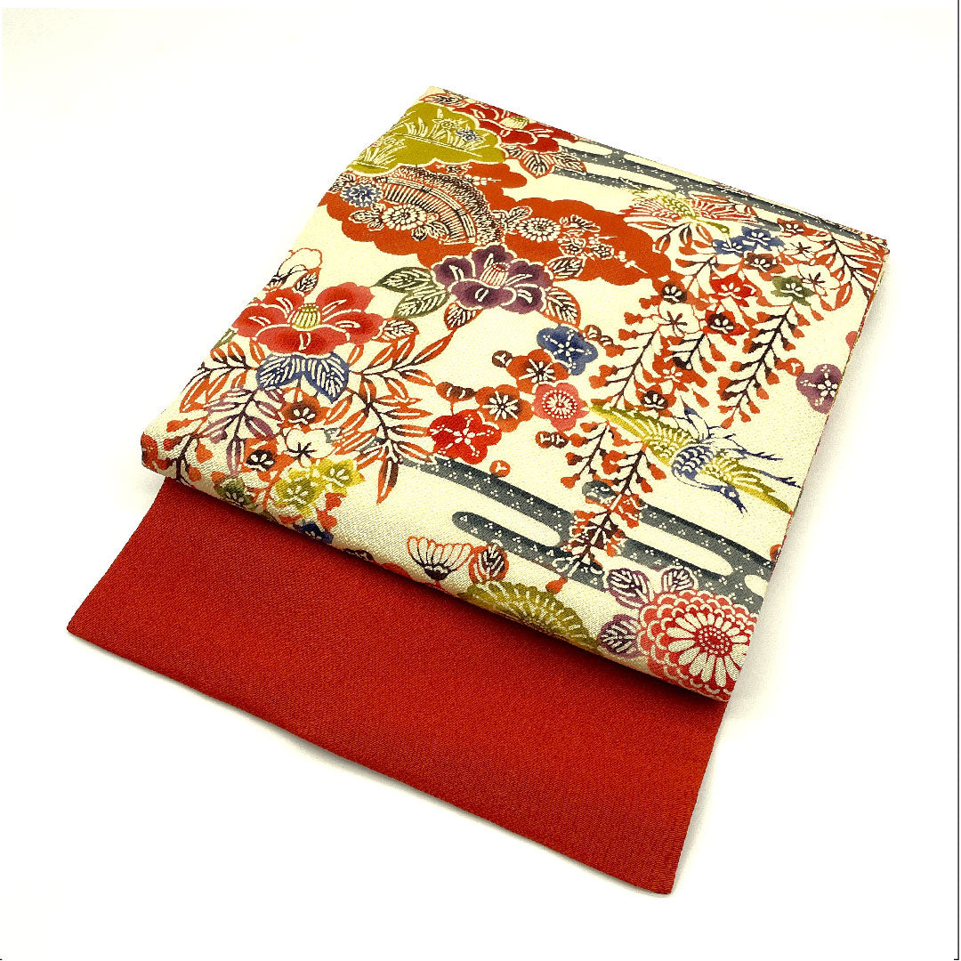 名古屋帯 京紅型 染め帯 縮緬 草花模様 帯丈395.5cm 正絹 Aランク 六通 カジュアル クリーム系 1124001963315  名古屋仕立て