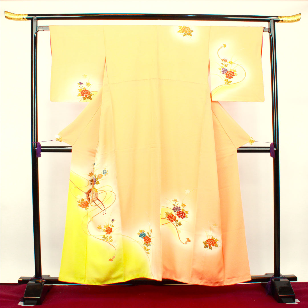 訪問着 袷 身丈152.5cm 裄丈64cm 朱華色 京友禅 花車 正絹 Sランク 朱系 1112002312216